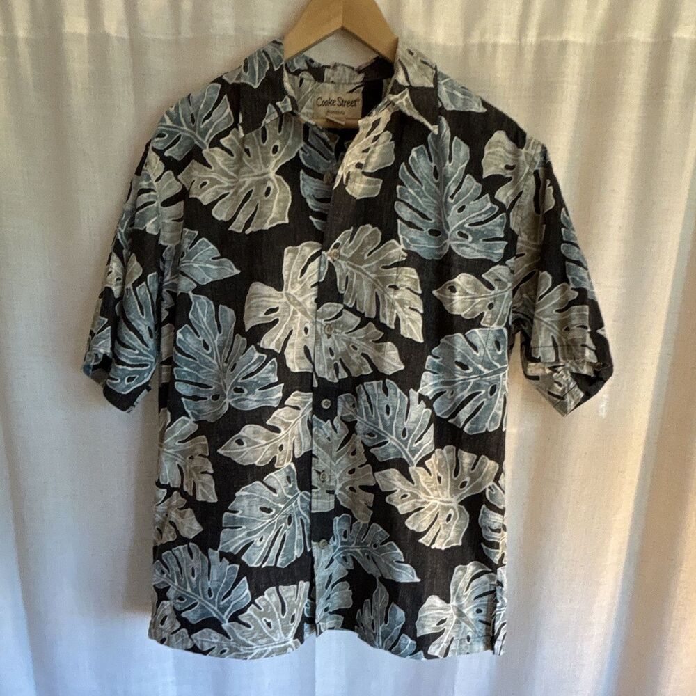 Cooke Street Men's M Black/Blue/Beige Hawaiian Floral Leaf Button-Up Pockets